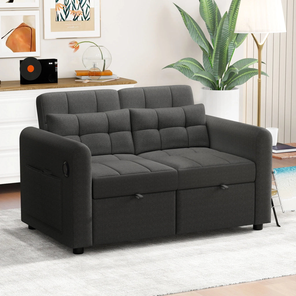 Divano letto 2 posti con schienale regolabile; porte USB; tasche laterali e cuscini; in cotone e lino grigio