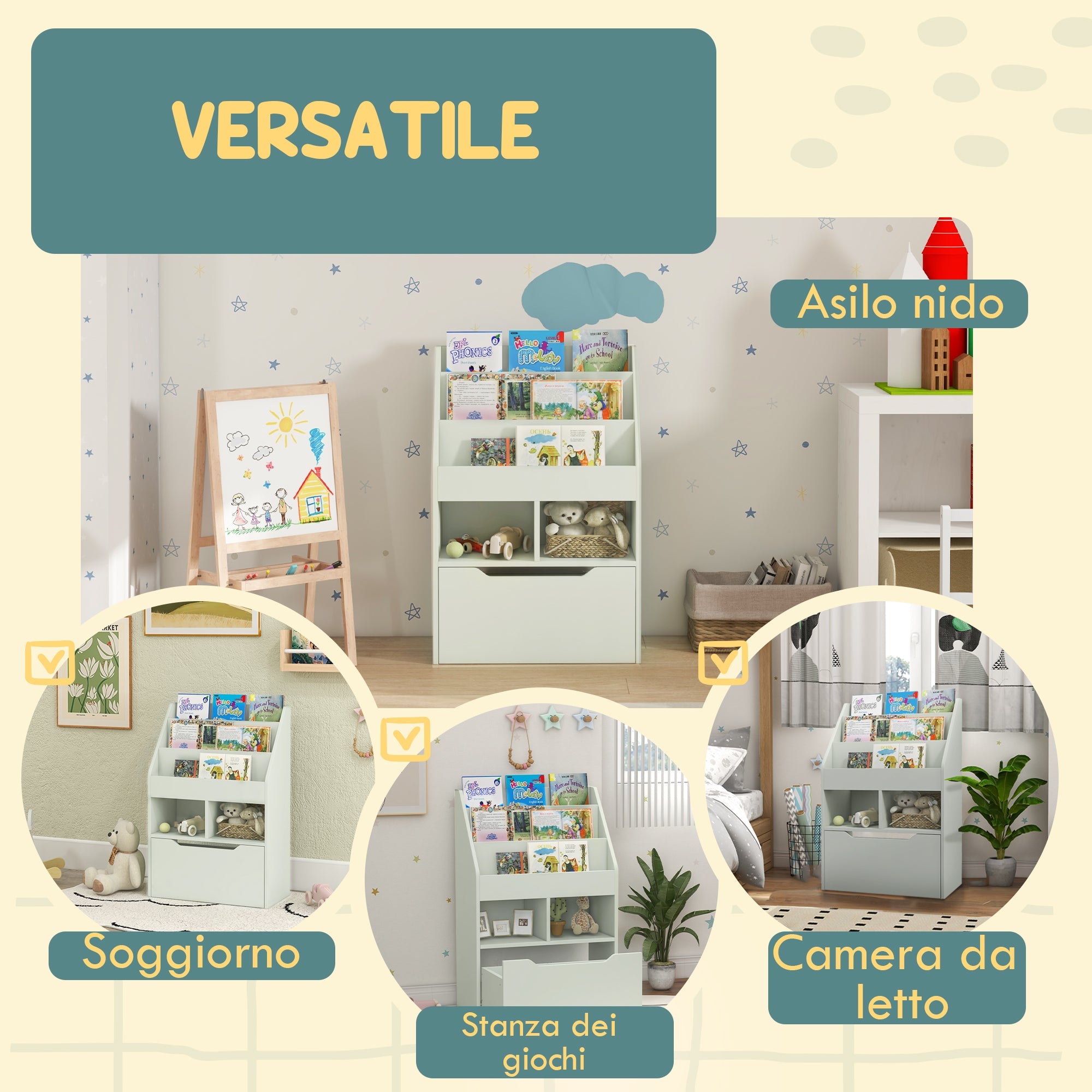 Libreria per Bambini con Ripiani Mensole e Cassetto 60x29,9x90 cm in MDF Verde