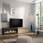 Mobile TV Soggiorno, 208x35x45cm, Per TV fino a 80", Camino elettrico XXL, colore Rovere e nero RF3264