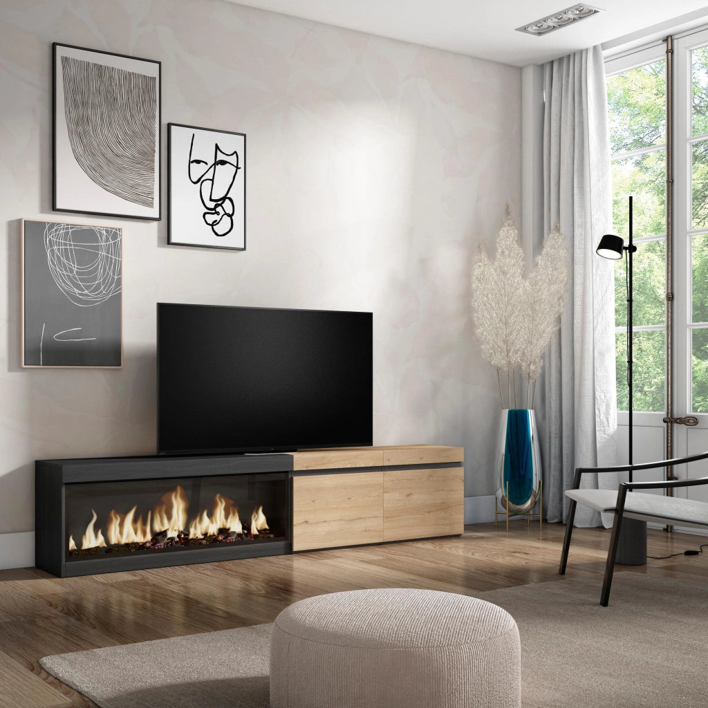 Mobile TV Soggiorno, 208x35x45cm, Per TV fino a 80", Camino elettrico XXL, colore Rovere e nero RF3264