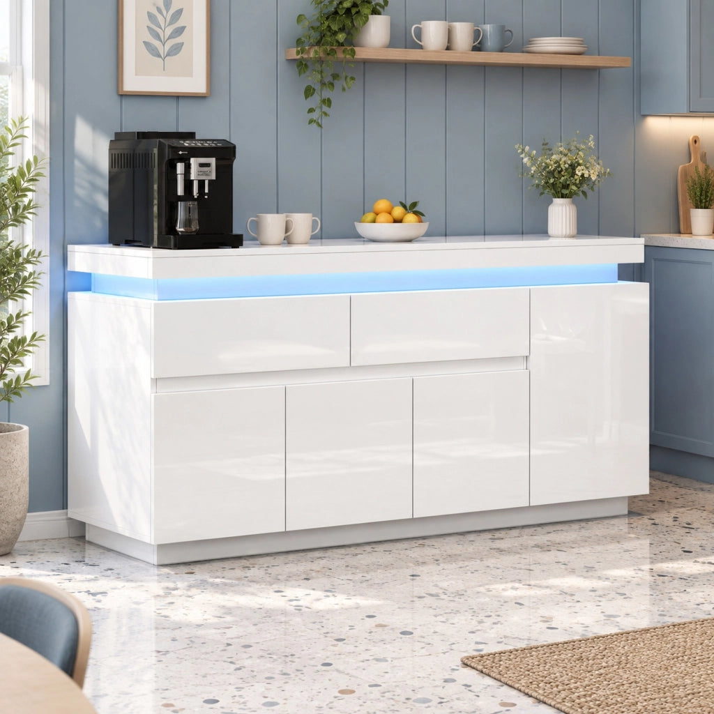 Madia ULEVR 140x35x72,5 cm con 4 ante, 2 cassetti, LED e USB, bianco lucido