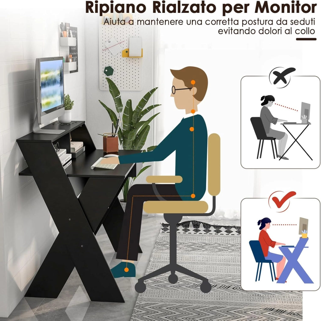 Scrivania per Computer in Legno, Scrivania con Cassetto, Portaoggetti e Supporto per Monitor, Poggiapiedi e Gambe a Forma di X, Ideale per Ufficio e Casa (Black)