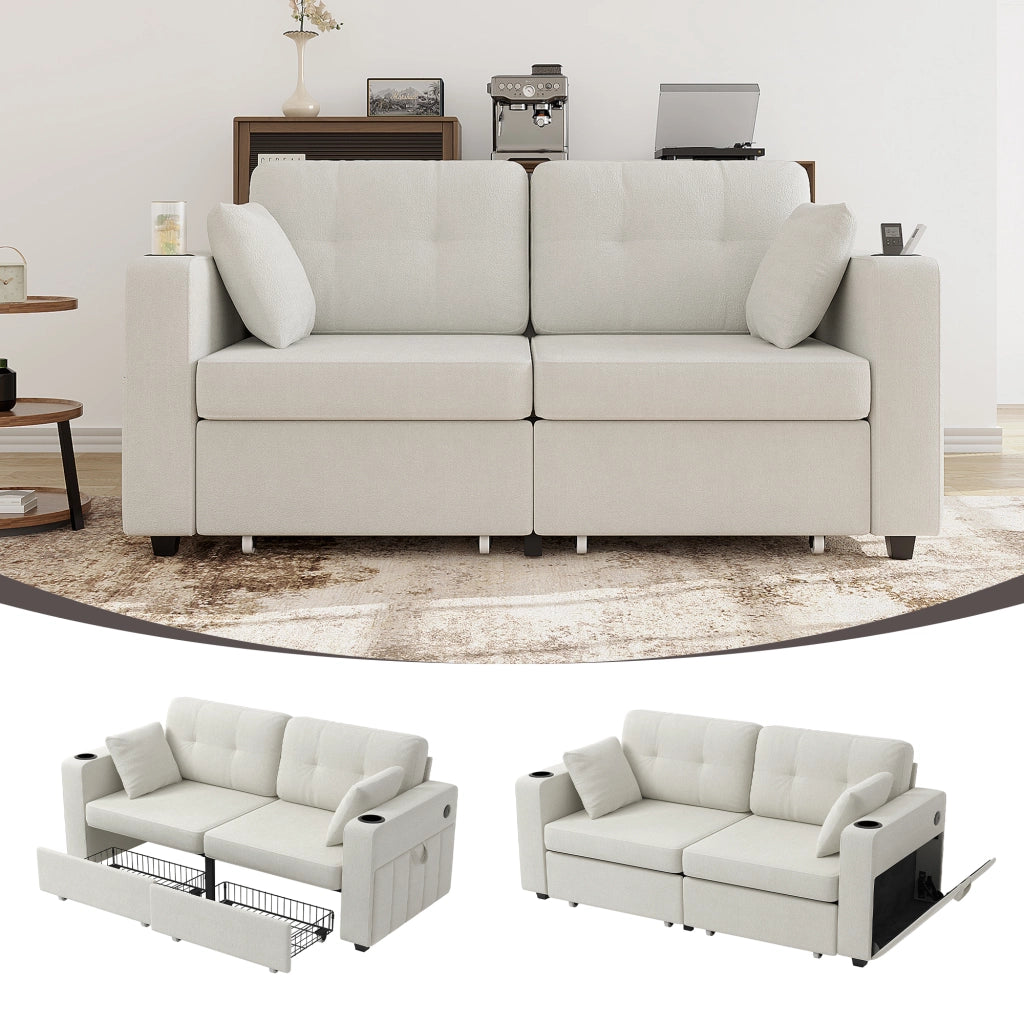 Divano a 2 posti con due cassetti contenitore, porte USB, portabicchieri e tasche laterali in ciniglia beige