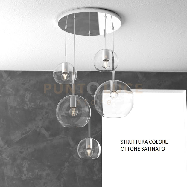 SOSP. OTTONE SAT. TONDA 5 LUCI VETRI (1 GRANDE+1 MEDIO+3 PICCOLO) TUTTI TRASPARENTE 1155OS-S5 TMIX-TR