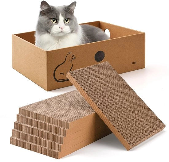 Pannello da gatto a doppia faccia con scatola, 6 pezzi. Pannello da gatto a doppia faccia per gatti, pannello da gatto a forma di foglio di cartone ondulato per gatti da interni, 37 x 27 x 13 cm