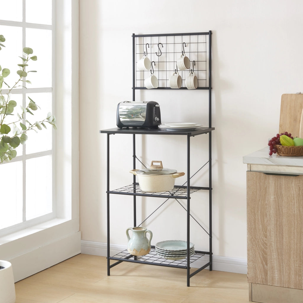 Scaffale da Cucina 'Nibe' Mobile da Stoccaggio Supporto per Microonde Organizzatore da Cucina con Parete a Griglia e Ripiani - Nero / Effetto Marmo [en.casa]