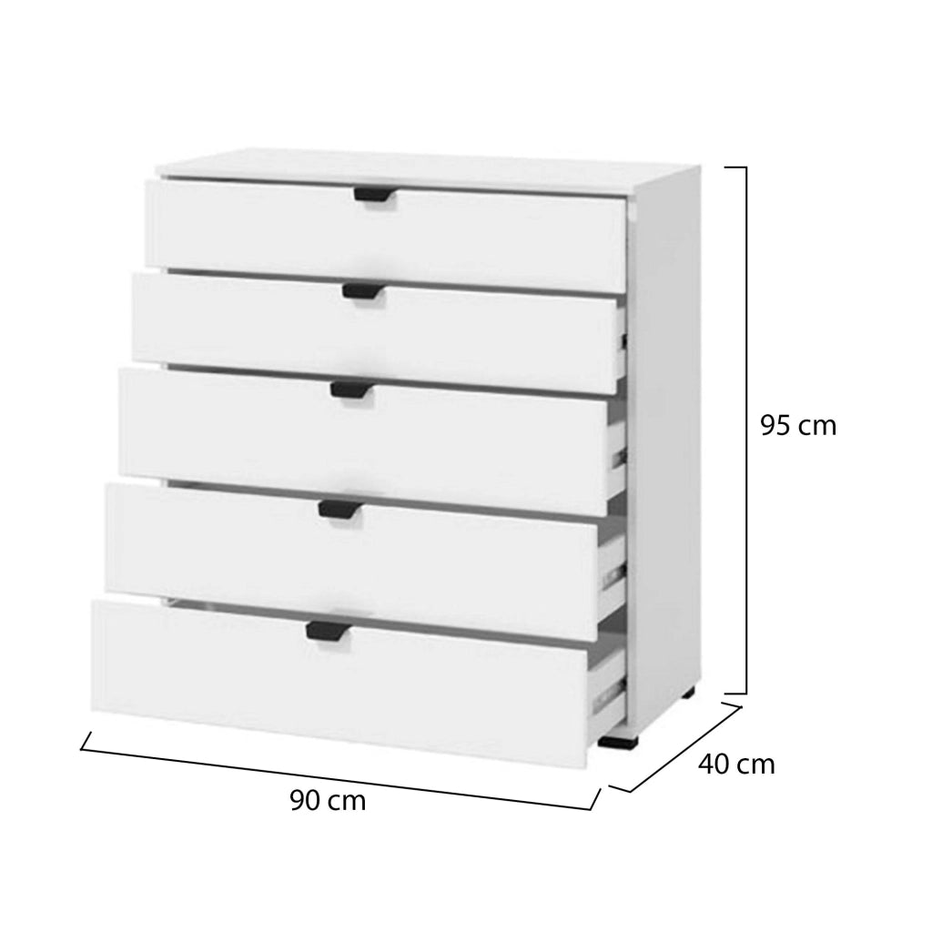 Mainarda, Cassettiera 5 Cassetti, 90x40x95h cm Bianco