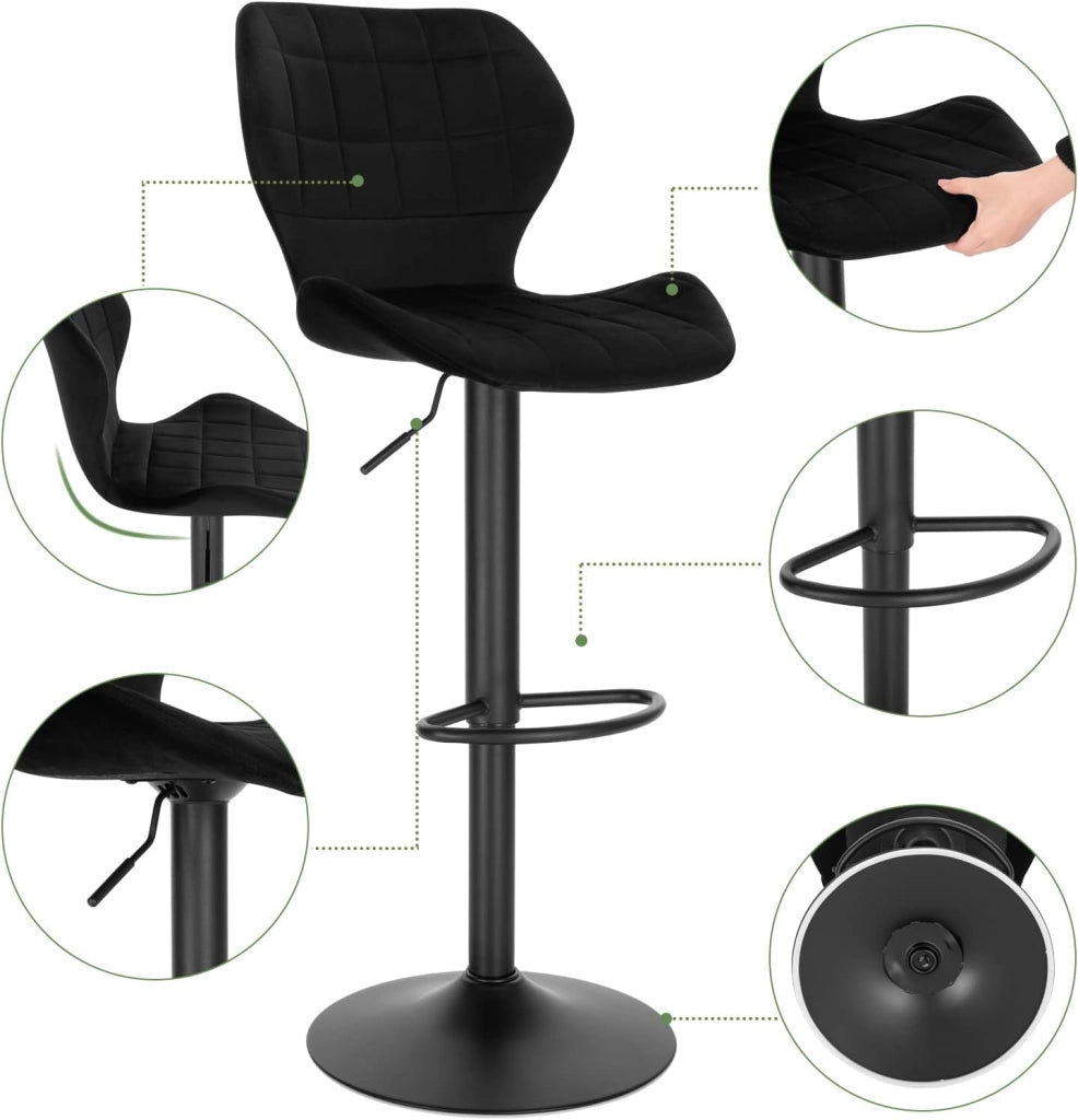Set di 1 Sgabello da Bar con Schienale e Poggiapiedi Girevoli a 360° Sedia Alta da Cucina con Seduta Regolabile tra 60-82cm in Velluto e Metallo Nero BH324sz-1