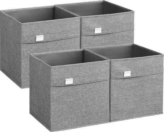Scatola di archiviazione, set di 4, scatole di archiviazione, 33 x 33 x 33 cm, 2 maniglie, pieghevole, tessuto Oxford, imitazione lino, lavabile, supporto per etichette in metallo, per cubo di archiviazione, grigio perla.