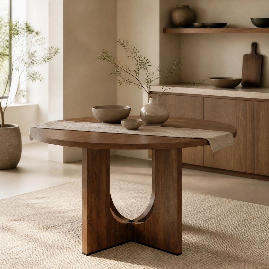 Tavolo da pranzo rotondo 4-6 posti con piano in MDF - per sala da pranzo - noce - Ø120 cm