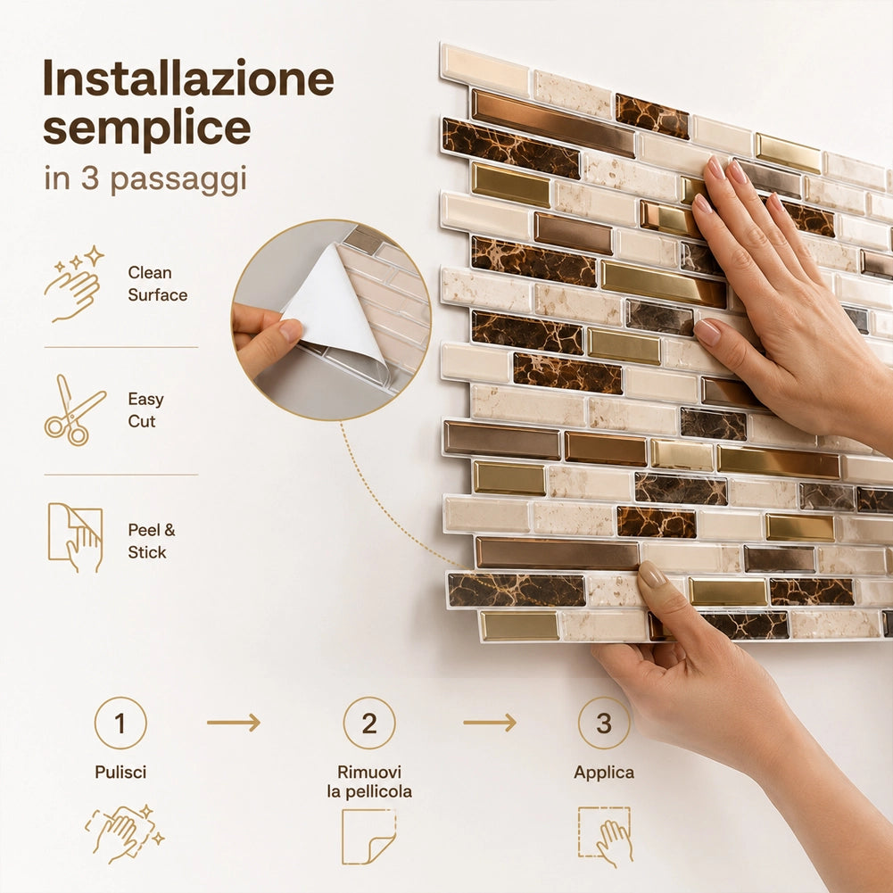 Set 10 Pannelli Adesivi Piastrelle per Muro Parete 30.5 cm Mattoncini Marrone