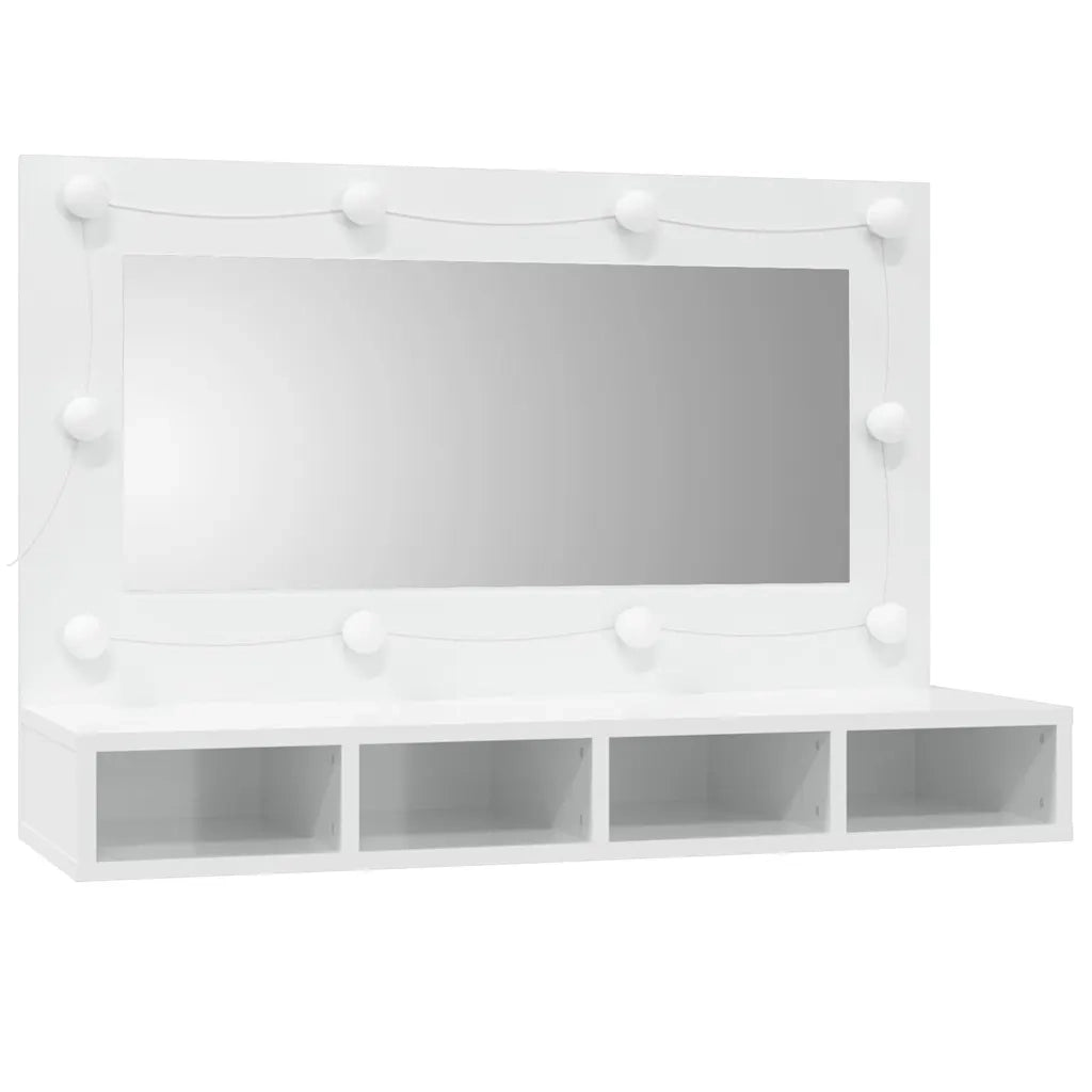Mobiletto a specchio a LED moderno da parete 90 x 31 x 62 cm con pratico vano contenitore e illuminazione ambientale in legno bianco 02_0047962