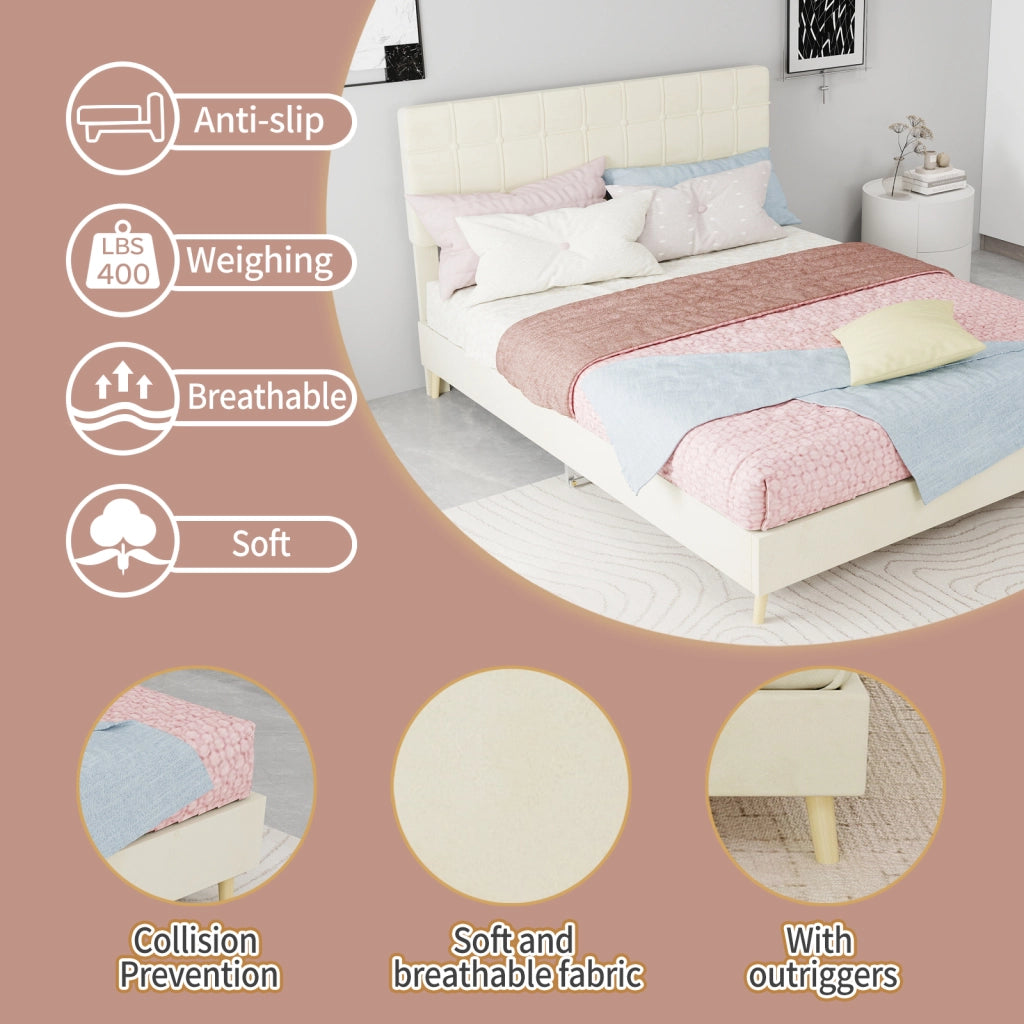 Letto matrimoniale 140 × 200 cm con testiera trapuntata, struttura stabile, senza materasso, in velluto beige