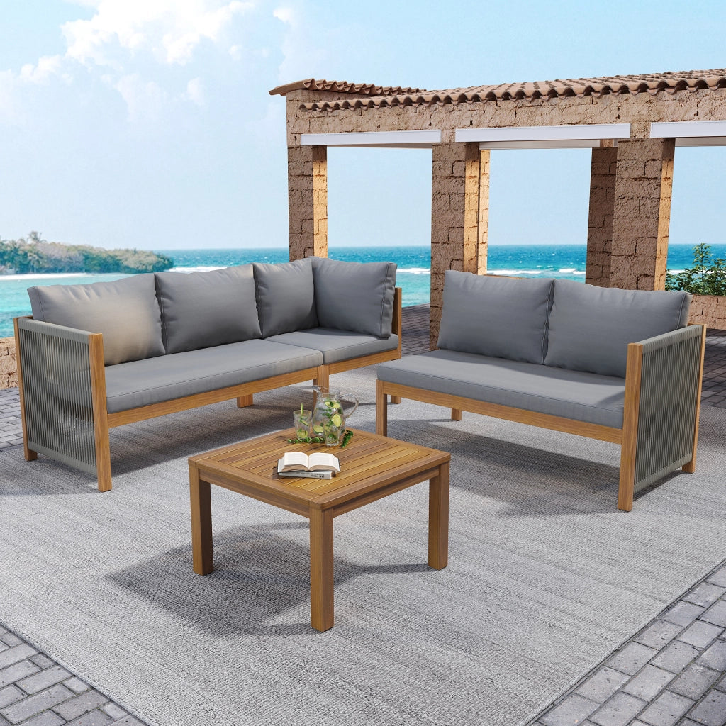 Divano Angolare con Tavolino da Caff¨¨ ¨C MINIMAL ¨C Tessuto Grigio, Legno Acacia