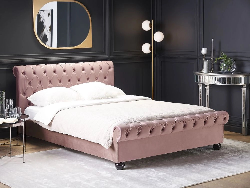 Letto Rivestimento in velluto rosa Gambe in legno Nero 160 x 200 cm bottoni Glam
