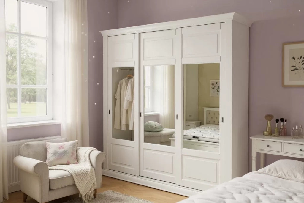 Armadio 3 porte scorrevoli vetro legno shabby bianco 294x65x258 - Mobili 2G