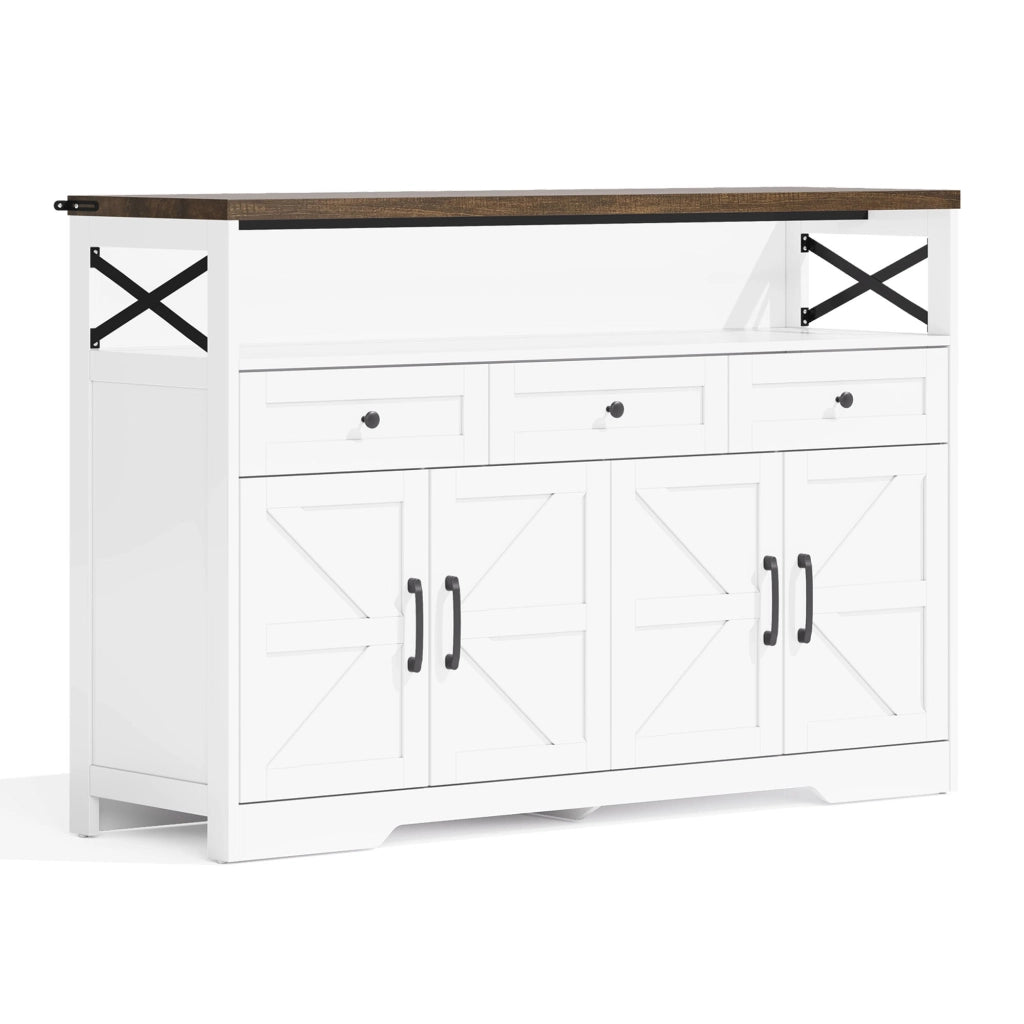 Credenza 140x35x95 cm Bianca e Marrone con 3 Cassetti; 2 Armadietti e Vano Aperto; Stile Country