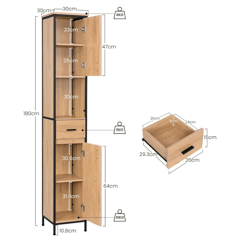 Mobile da Bagno Alto Con 2 Ante e 1 Cassetto, Piedini Regolabili e Ripiani, Per Bagno o Cucina, Stretto 30x30x180 cm, Rovere Chiaro+Nero