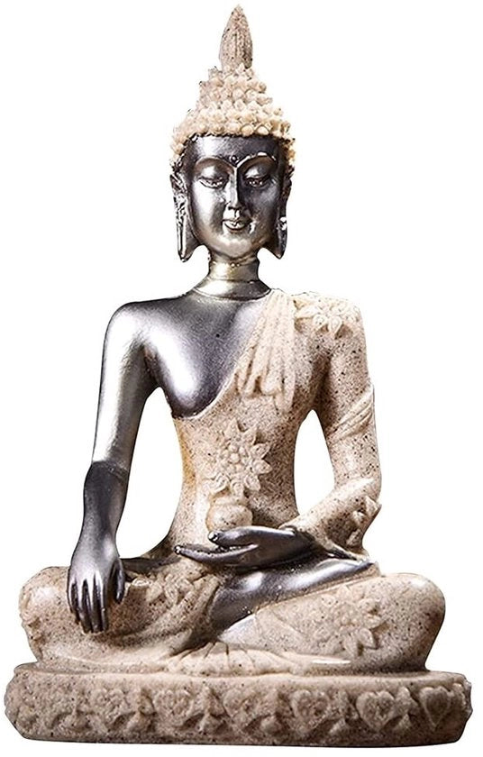 Statua di Buddha in Pietra di Sabbia - Immagine Meditativa - Nero Dorato - Scultura Artigianale a Mano - Elemento Decorativo per la Casa - #8132