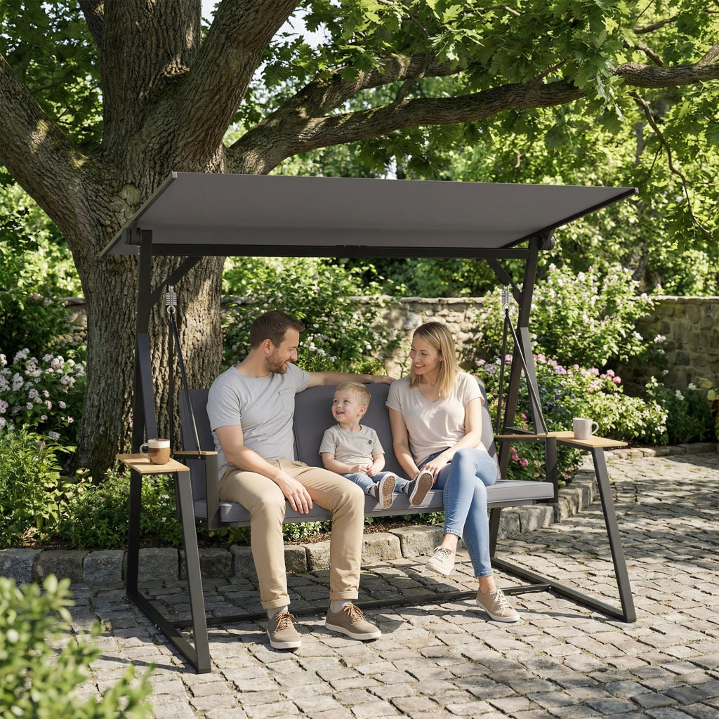 Altalena da giardino 3 posti con tetto regolabile e cuscini ¨C zephmum ¨C grigio metallo 360kg