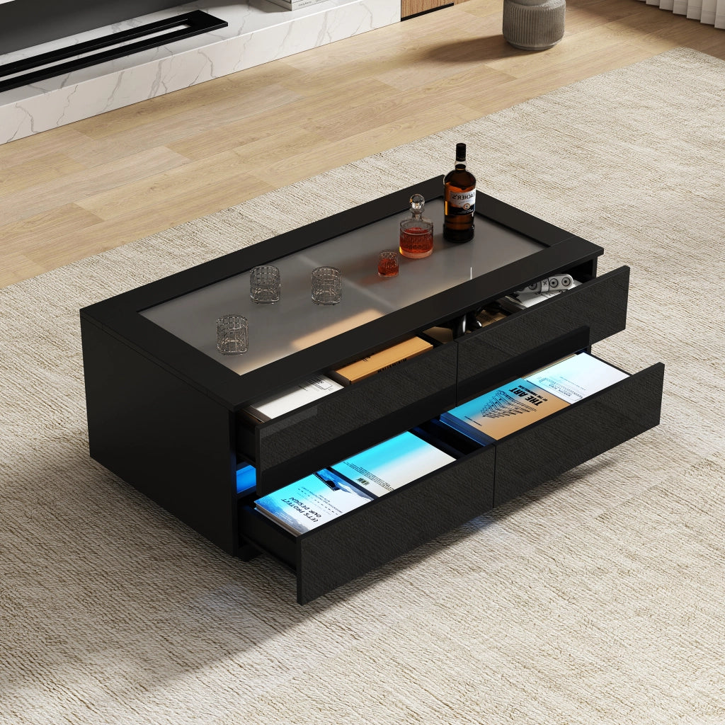 Tavolino da caffè con 4 cassetti e illuminazione LED; piano in vetro temperato; in truciolare nero; 100 × 50 × 40 cm