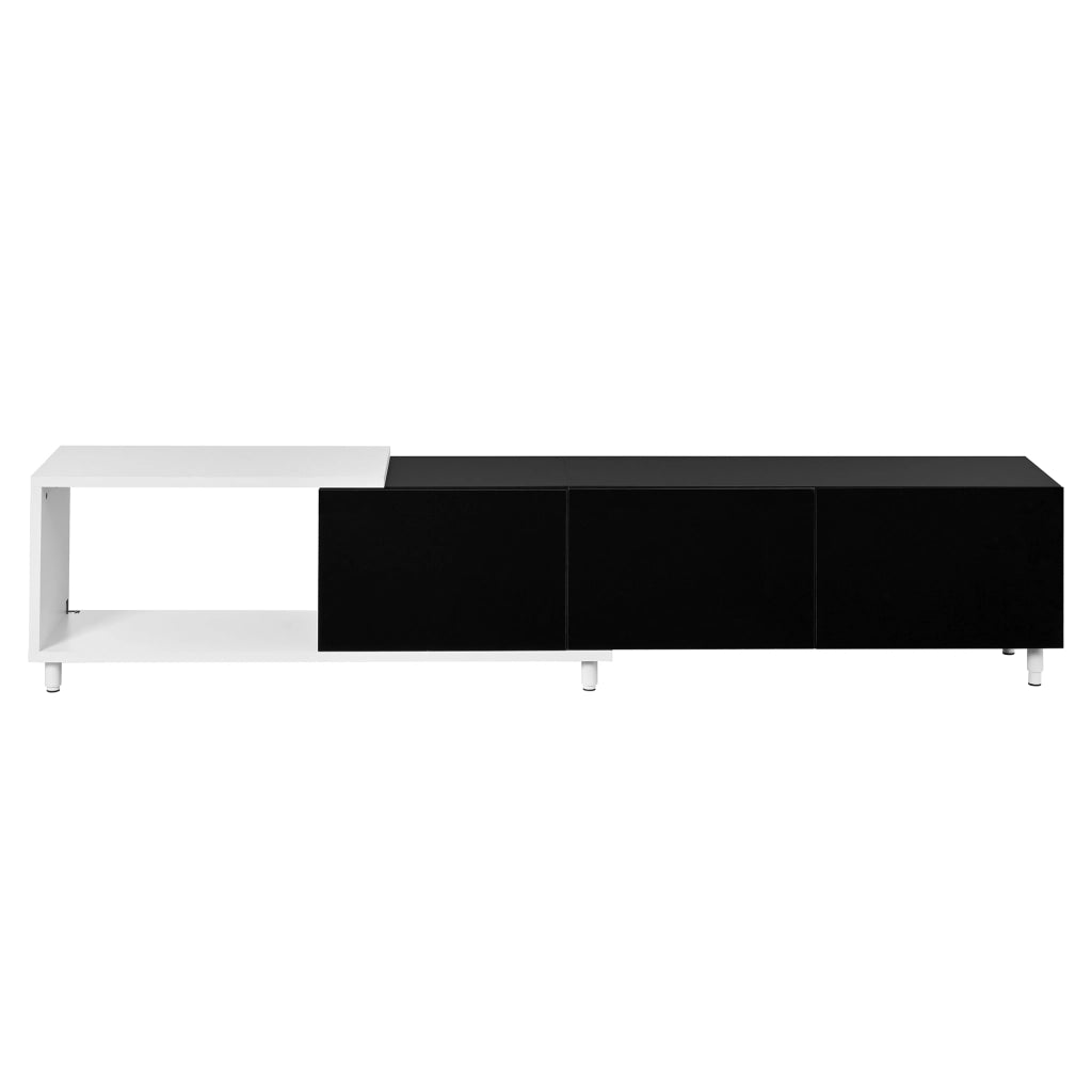 Mobile TV allungabile con 3 ante e vani aperti - per soggiorno - in truciolare e MDF - 258×38×48.5 cm - nero e bianco