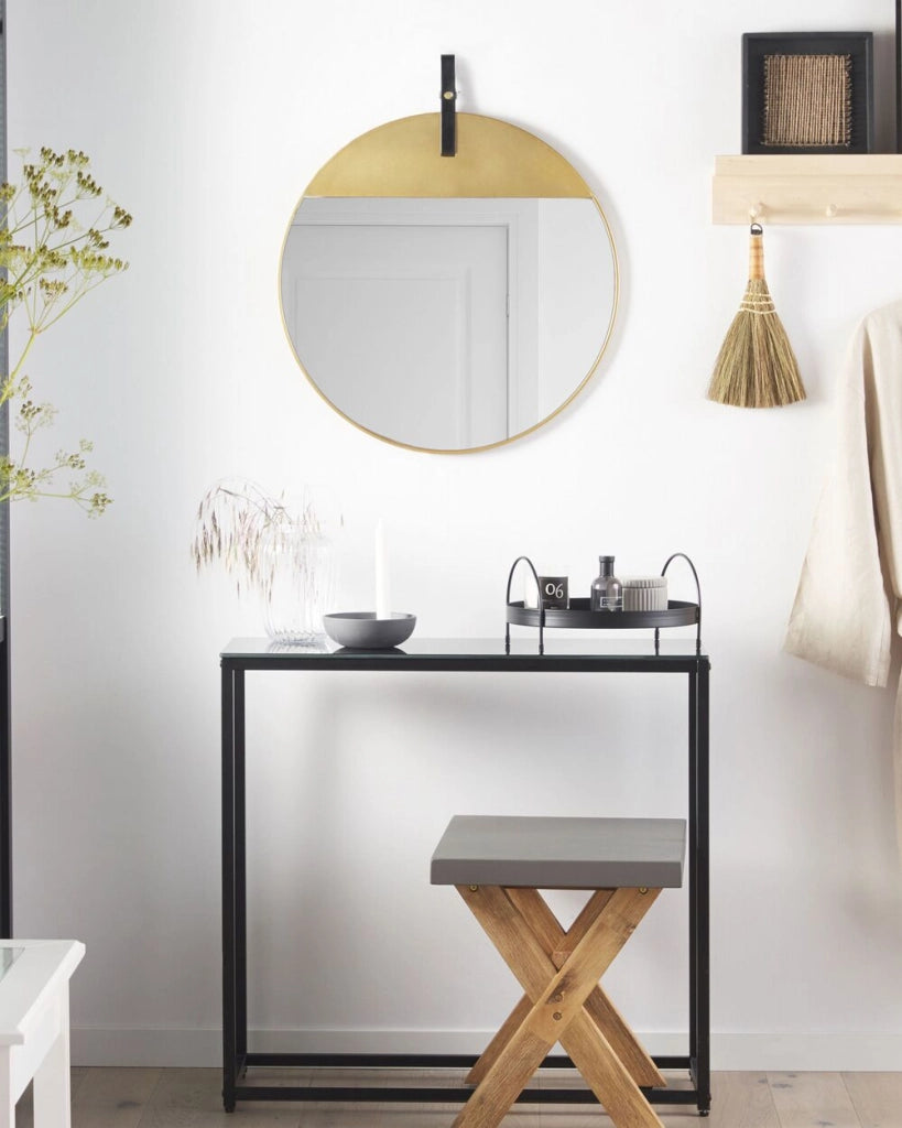 Specchio da parete in metallo dorato con cinturino in ecopelle rotondo 60 cm decorativo da appendere pezzo moderno glamour