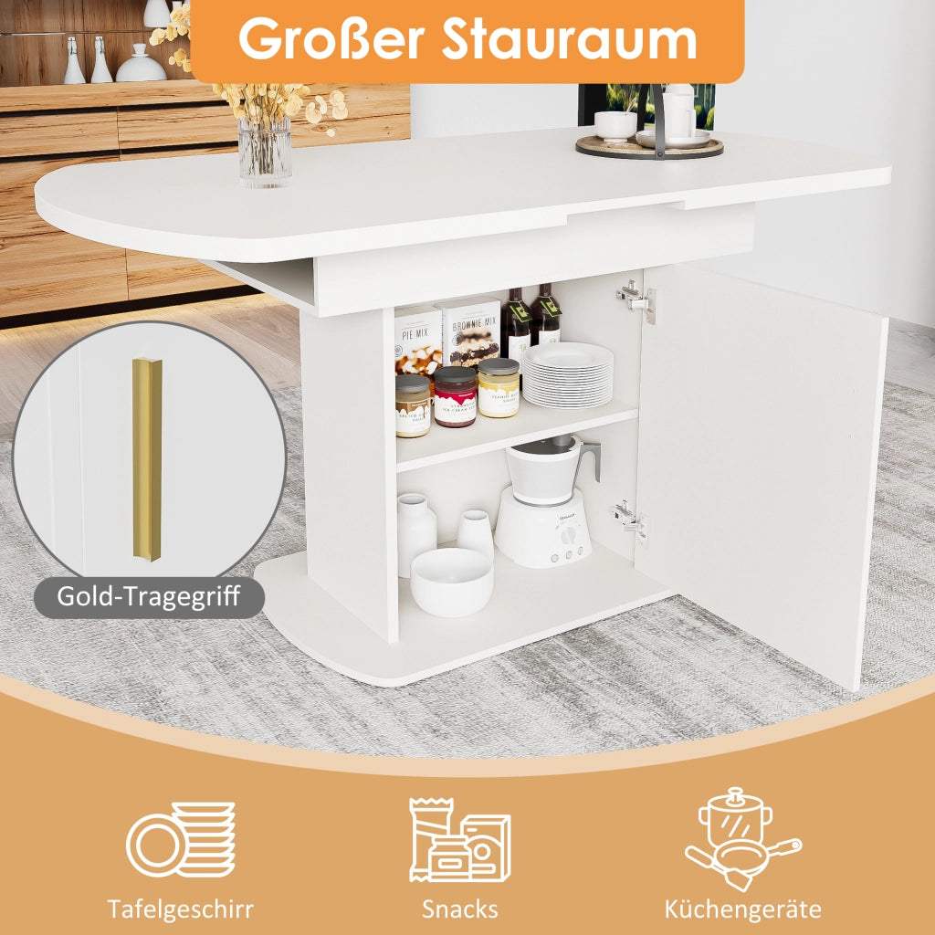 Tavolo da pranzo allungabile con vani contenitore e armadi, per cucina e soggiorno, bianco e oro