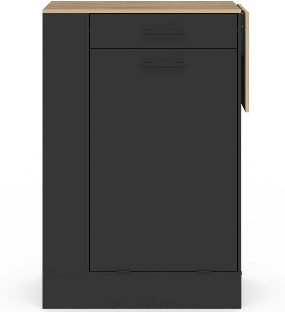 Credenza da cucina compatta TIBO 90 cm con cestino, ripiano ribaltabile, 1 cassetto e 3 ripiani laterali in legno e nero