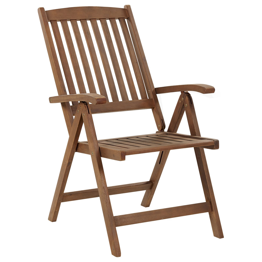 Set di 2 sedie da giardino in legno di acacia scuro naturale regolabili e pieghevoli per esterni con braccioli in stile rustico con cuscini blu