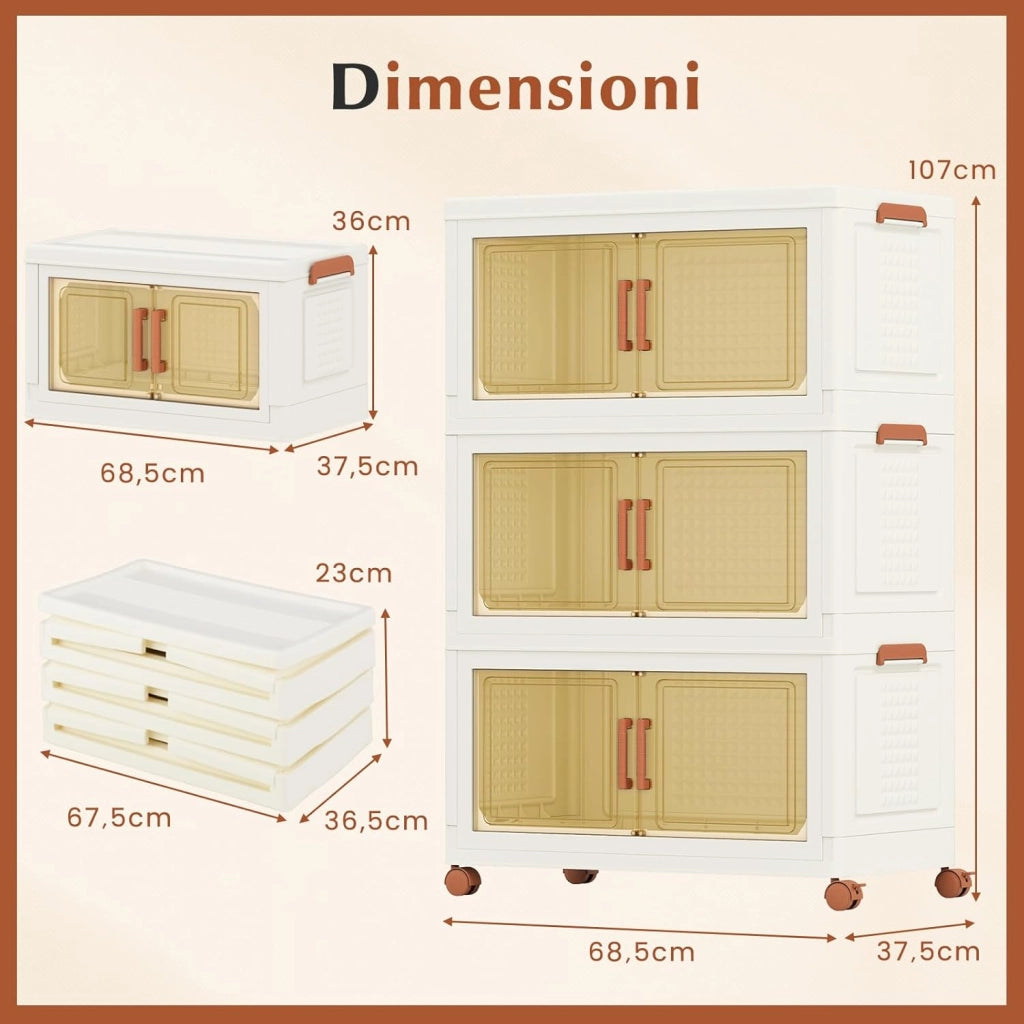 Contenitori Pieghevoli con Coperchio, Set da 4/3 Scatole di Plastica Impilabili con Ruote, per Organizzatore di Armadio con Porte a Apertura Frontale, Multiuso (68,5 x 37,5 x 107 cm)