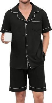 Set di Pijama Uomo in Cotone - Abito da Casa Corto - Set a Due Pezzi - Set di Loungewear - Cordone Regolabile - Collo con Risvolto Elegante - Loungewear