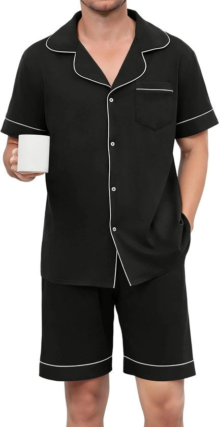 Set di Pijama Uomo in Cotone - Abito da Casa Corto - Set a Due Pezzi - Set di Loungewear - Cordone Regolabile - Collo con Risvolto Elegante - Loungewear