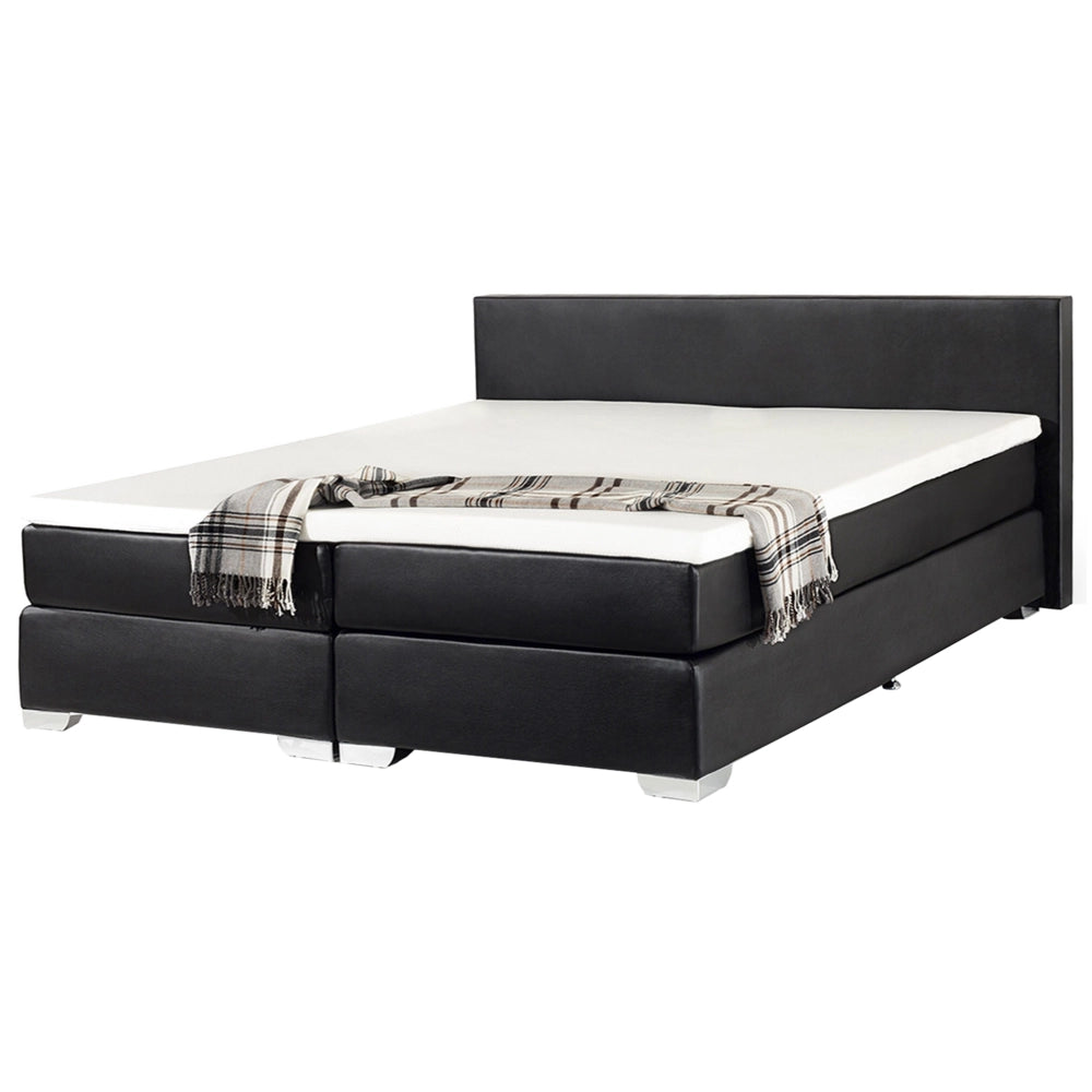 Letto Boxspring in Ecopelle Nera con Materasso a Molle 180 x 200 cm