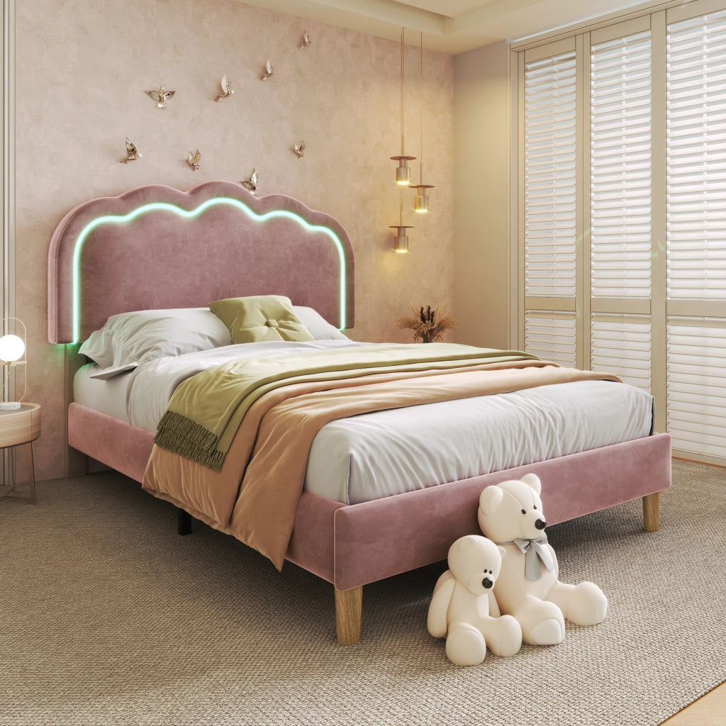 Letto Singolo 90 x 190 cm - Testiera Regolabile con LED - in Velluto - Rosa