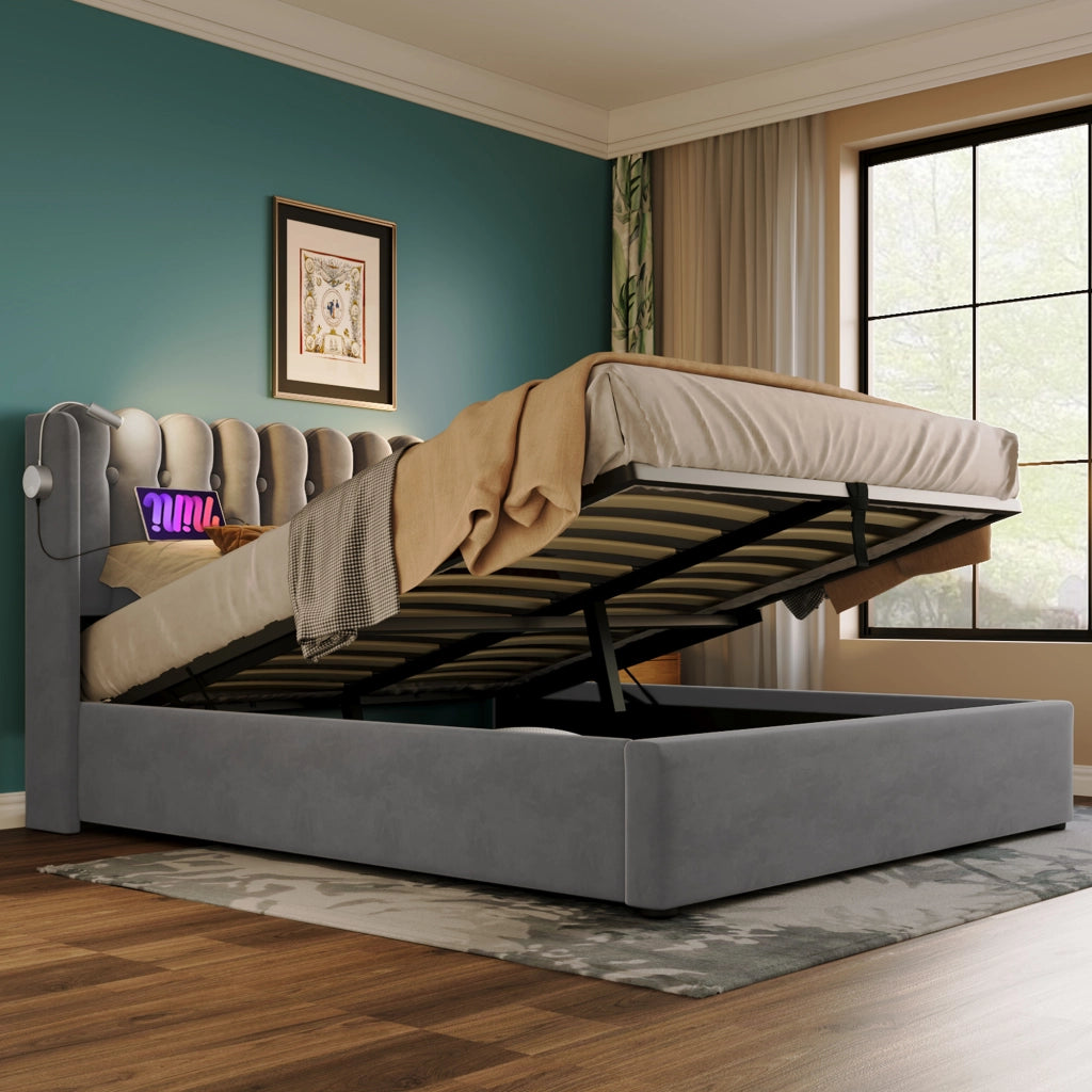 OKWISH Letto Contenitore 90×200 cm, Letto Singolo con USB, Luce da Lettura e Testiera, senza Materasso, in Velluto, Grigio