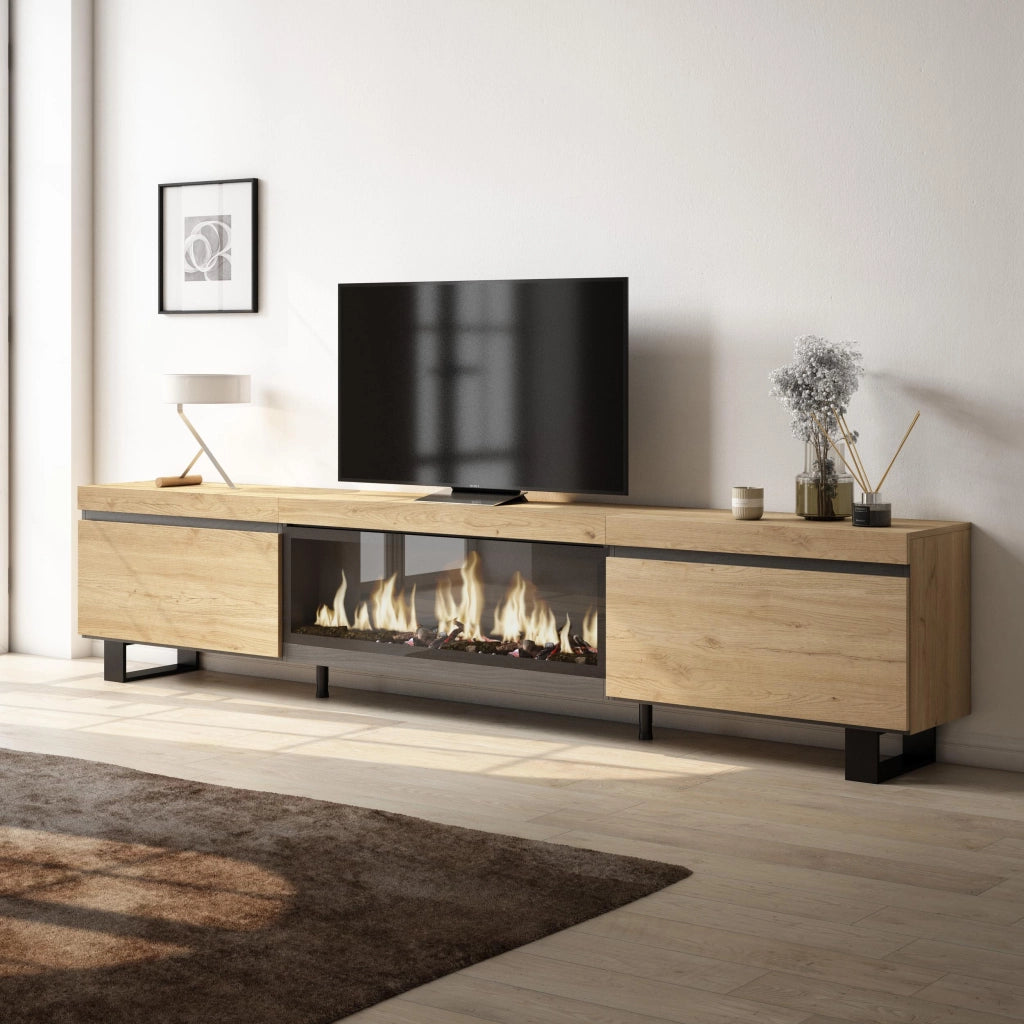 Mobile TV Soggiorno, 267x35x57cm, TV di grande formato, Camino elettrico XXL, Design industriale, colore Rovere RF3607