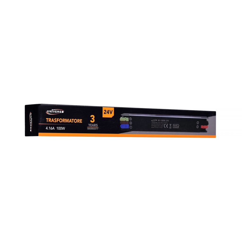 MINI TRASFORMATORE 24V 4.16A 100W - ALIMENTATORE IP20 IN ALLUMINIO PER IMPIANTI ELETTRICI E ILLUMINAZIONE