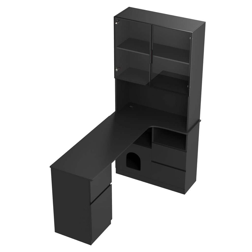 SCRIVANIA ANGOLARE 120x80x180 cm con libreria e vetrina LED, MDF Nero