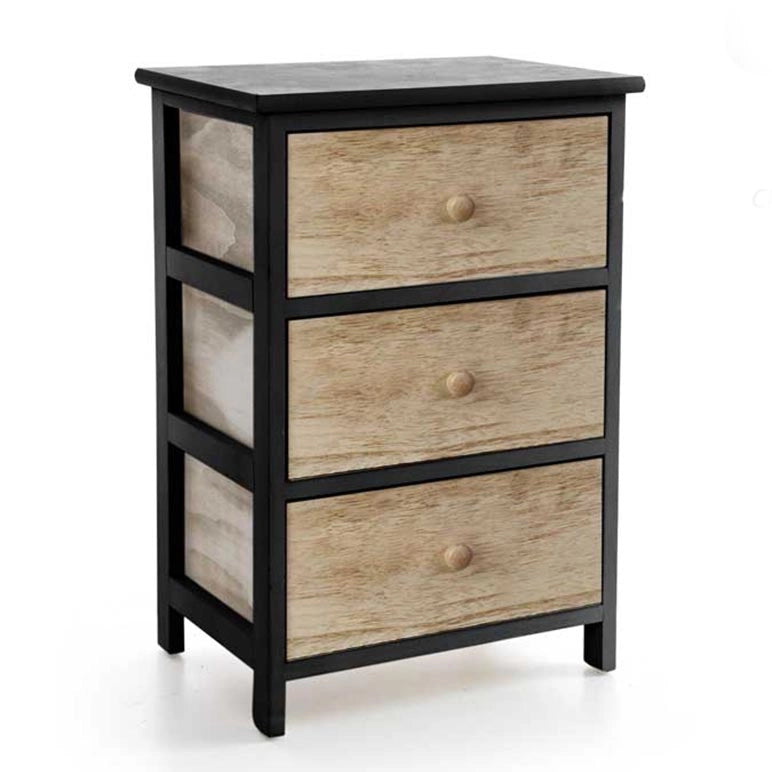 CASSETTIERA IN LEGNO CON 3 CASSETTI COLORE NERO E NATURALE 40 X 29 X 58 CM