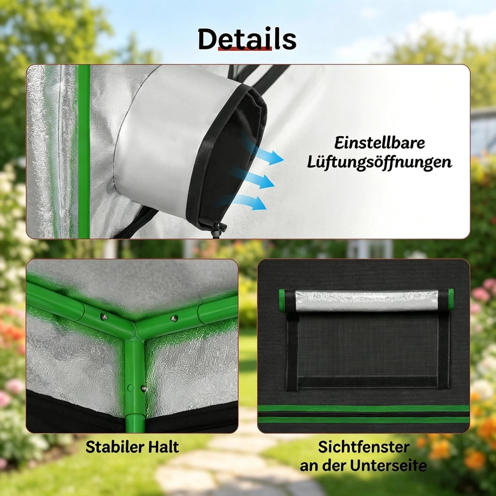Semenzaio da giardino con ventilazioni regolabili e finestre di osservazione in tessuto oxford e acciaio nero 80 × 80 × 180 cm