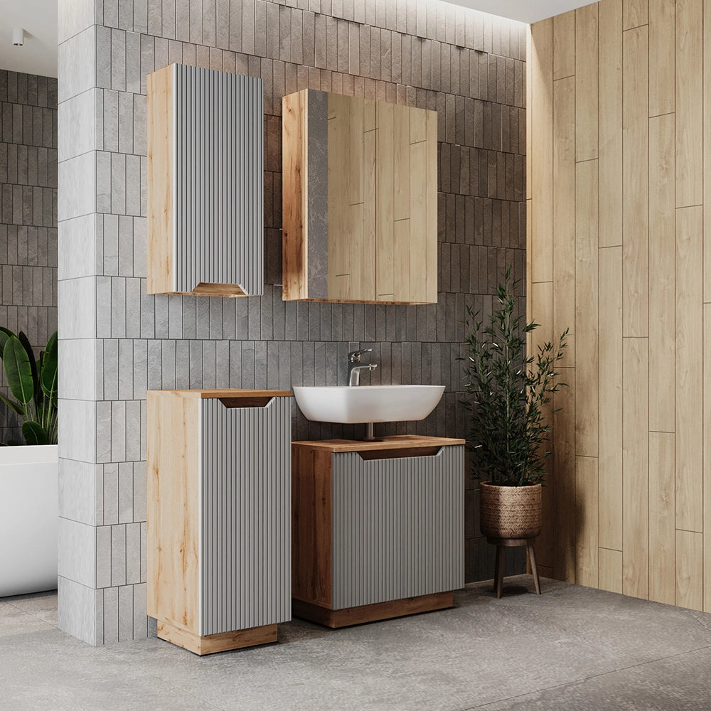 Vicco Set di mobili da bagno Rovere/grigio a righe 4 parti