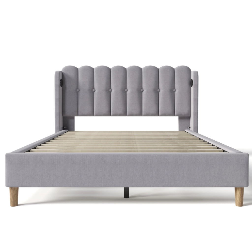 Letto imbottito grigio 160x200 cm con testiera USB e Type-C