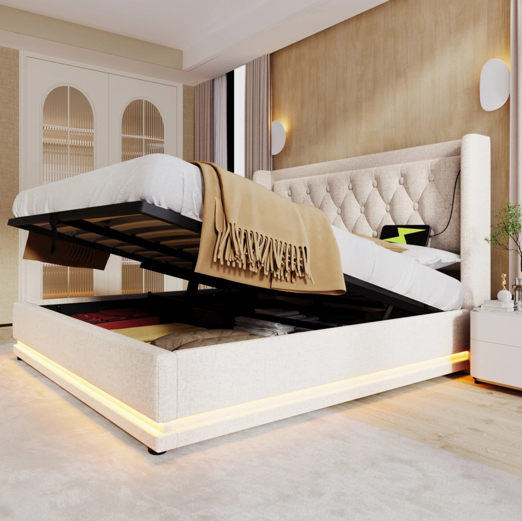Letto contenitore ULEVR 140x200 cm beige in cotone con LED, USB e Type-C, testiera imbottita