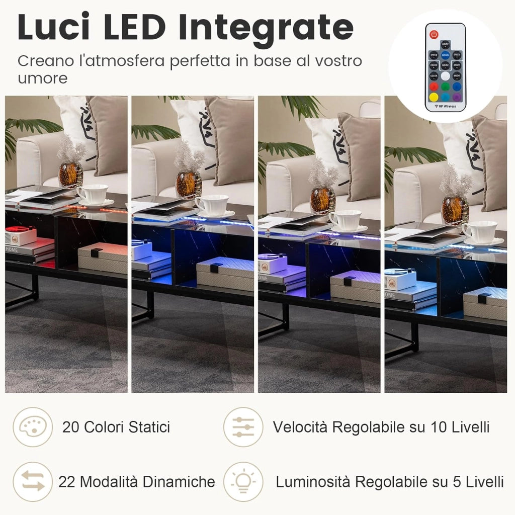 Tavolino da Salotto, Tavolino da Caffè da in Vetro e Legno con Luce LED Multicolore Regolabile a Telecomando e Ripiani, Tavolino per Soggiorno e Ufficio, 105 x 55 x 50 cm (Nero)