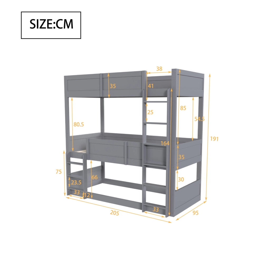 Letto a tre livelli 90x200 cm con sponde alte in legno grigio
