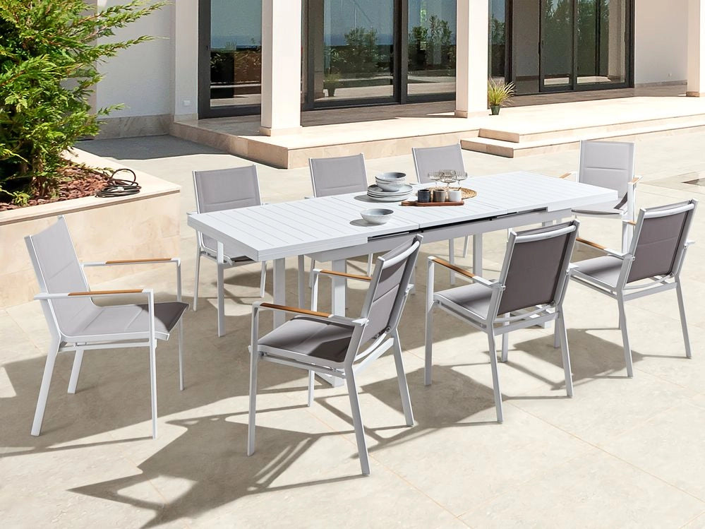 Set da giardino 6 posti con tavolo allungabile e sedie in alluminio grigio stile moderno esterno