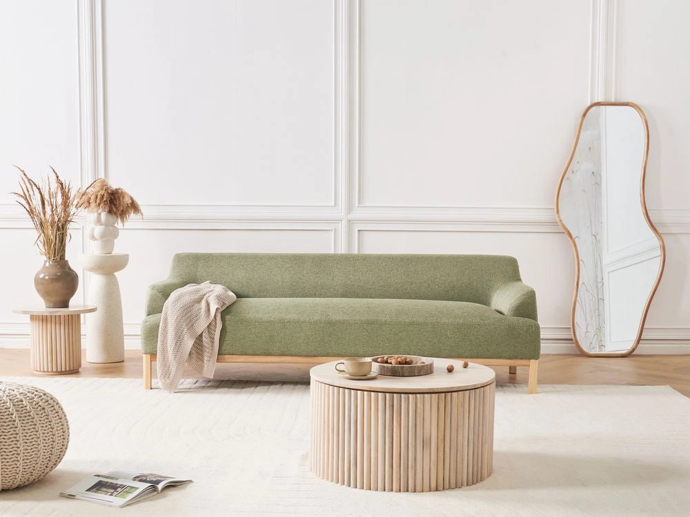 Divano a 3 posti in tessuto verde con gambe in legno stile elegante soggiorno