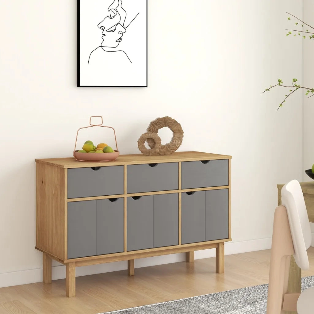 Credenza | Madia | Buffet da pranzo | Armadio da pranzo OTTA Marrone e Grigio 114x43x73,5 cm in Legno di Pino