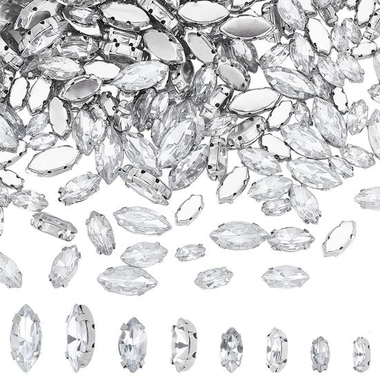 Decorazione con Diamanti - 200 Pezzi - Occhi di Cavallo 15x7mm/12x6mm/10x5mm/8x4mm - Denti in Acciaio con Smalto - Brillante - Applicazioni Decorative - Lavorati a Facce - Diamanti Rhinestoni